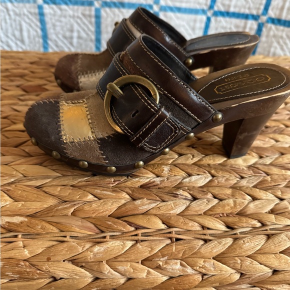 Coach Brown,Tan and Gold Patchwork Leather Wooden Heel Clogs - Picture 2 of 5